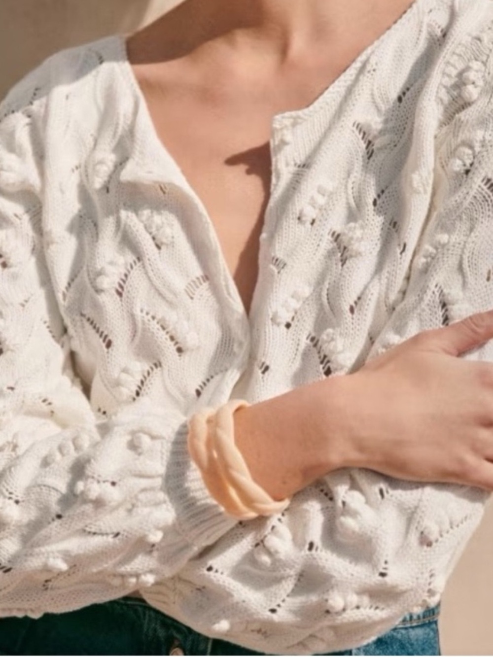 Sezane Women's White Open-Knit Button Cardigan Sweater